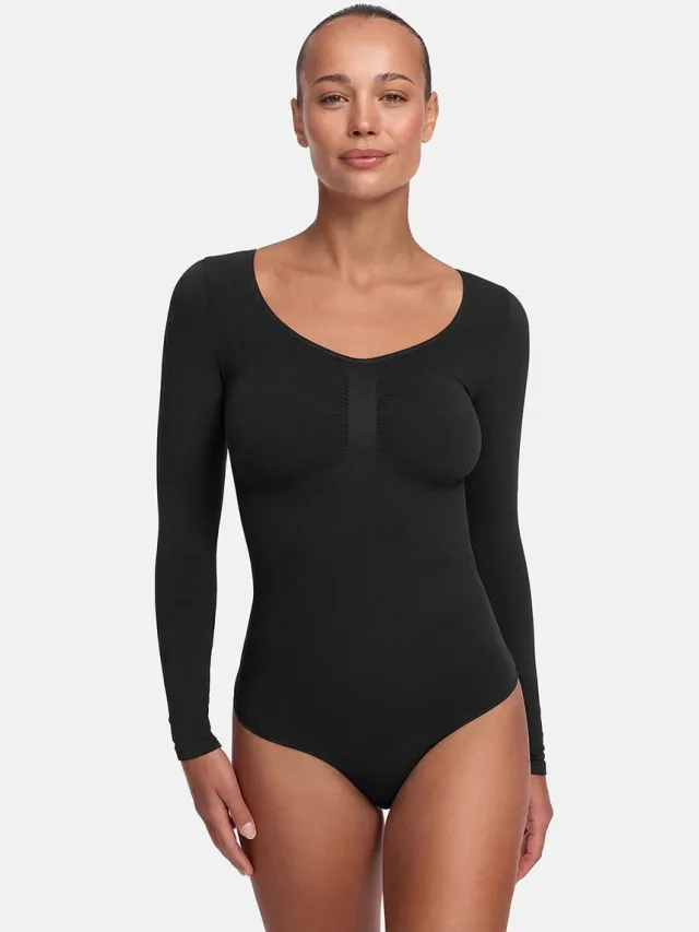 cfab Bodysuit met corrigerende werking, lange mouwen en strik, zwart