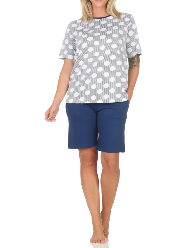 Normann damespyjama shorty met korte mouwen in stippenlook - ook in grote maten marine