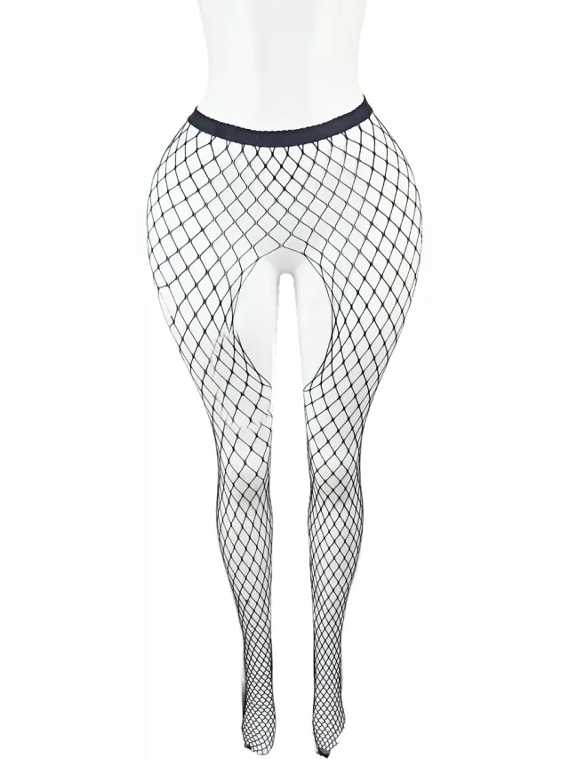 BamBella ® - Panty - onesize - open kruis maillot pantys Dames - Onesize -zwart gaten gaas visnet