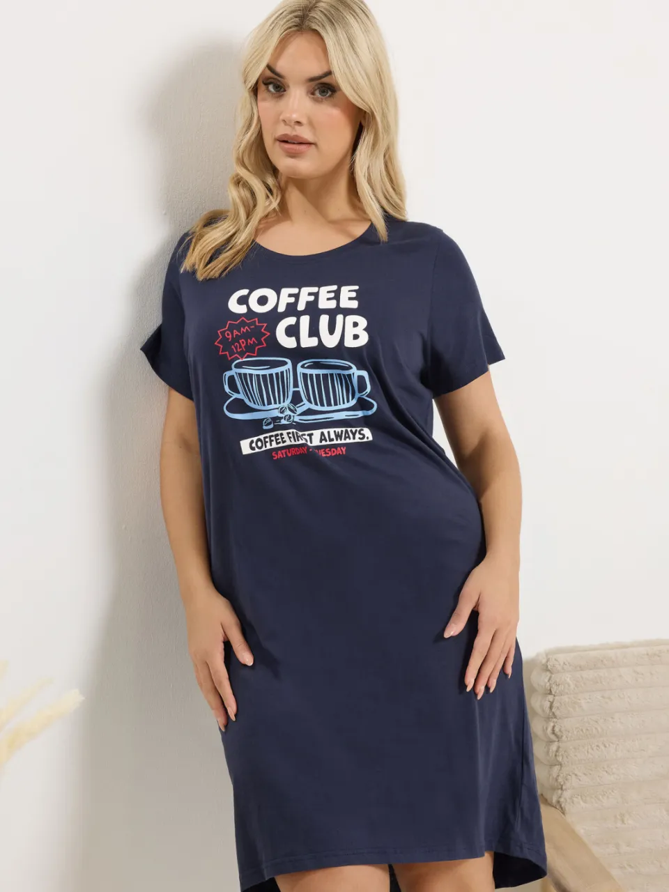Yours Navy Blauwe 'Coffee Club' Nachthemd Met Lange Achterkant-60 Blue