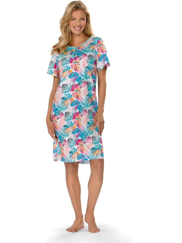 Comtessa Ascafa Nachthemd 'Colorful Palms' - Dames Nachthemd - Korte Mouw - Turquoise