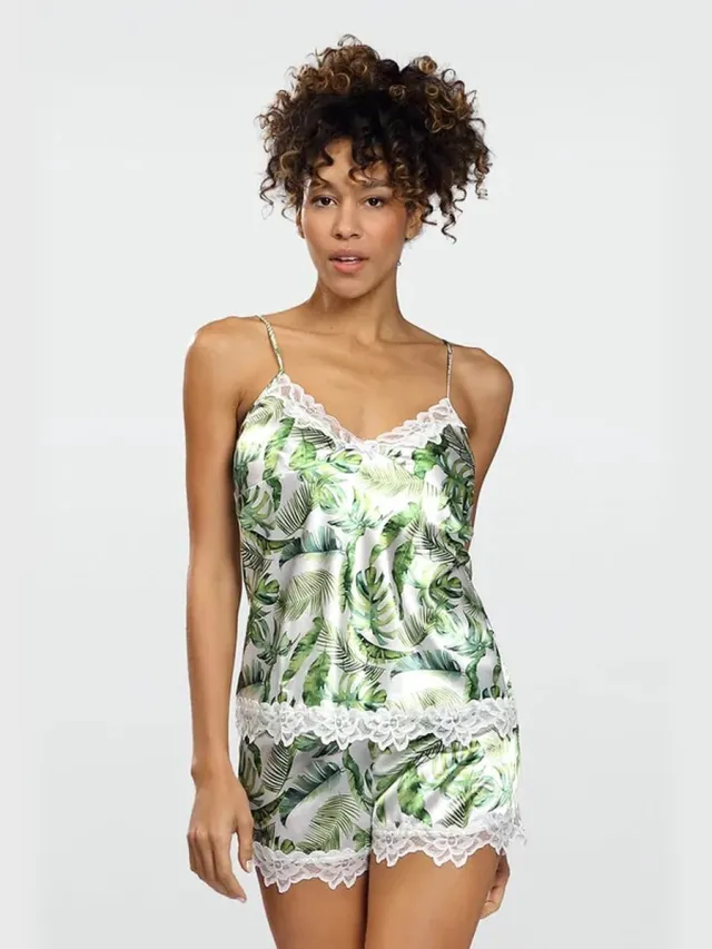 DKaren Korte satijnen pyjama met groenprint - Prachtige shortama - DKaren - Flowers