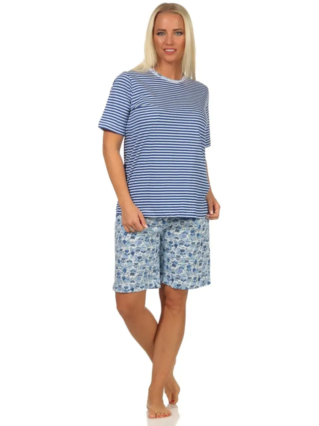 Normann Elegante dames shorty pyjama korte mouw met kanten randje - ook in oversize hellblau