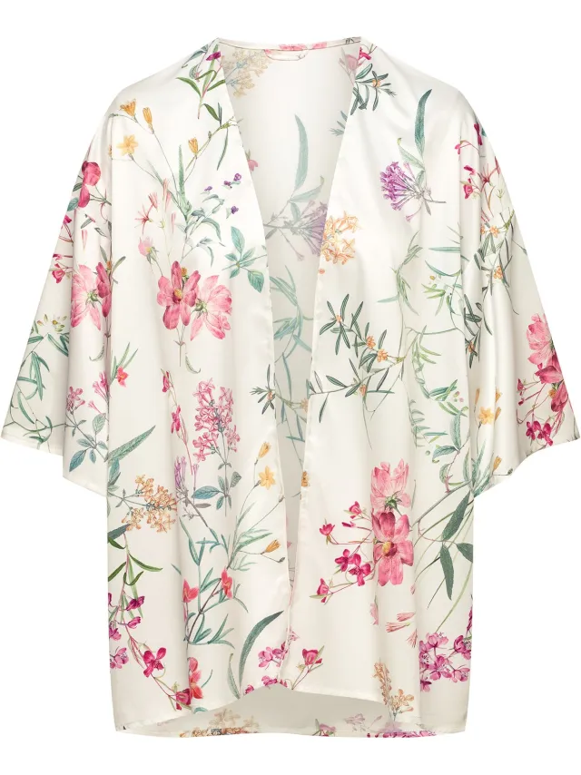 ESOTIQ Dare - Satijnen Damesbadjas - Bloemenprint - Kort Wit;Crème