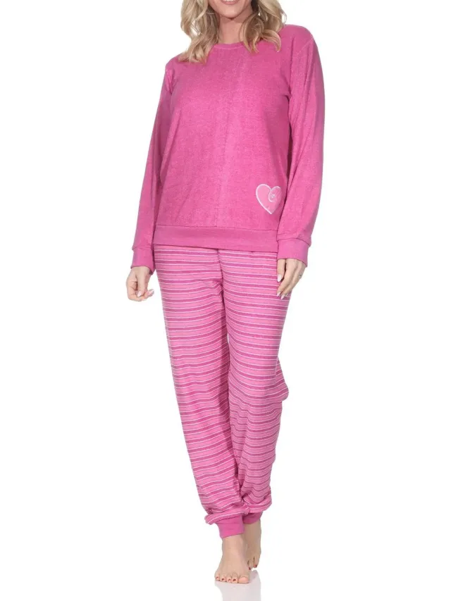 Normann Mooie damespyjama van badstof met manchetten en hartjesmotief - ook in oversizes pink