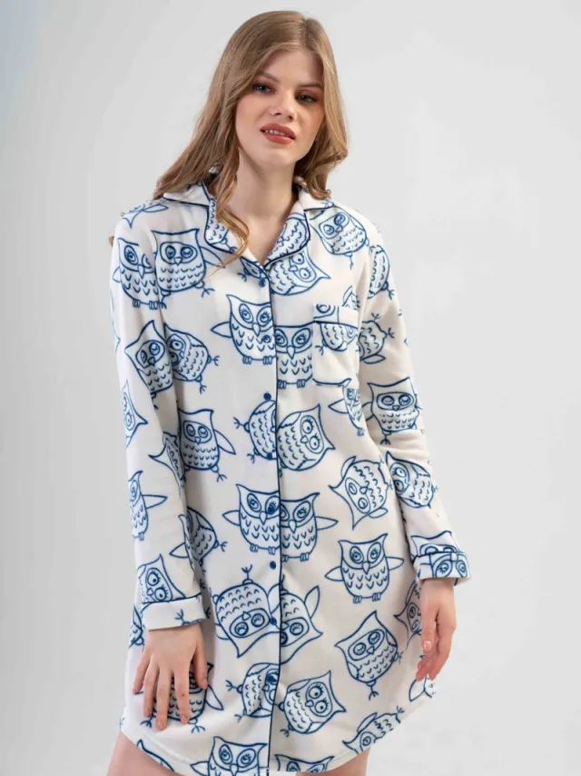 Vienetta Dames pluche, warme nachthemd - wit / blauw