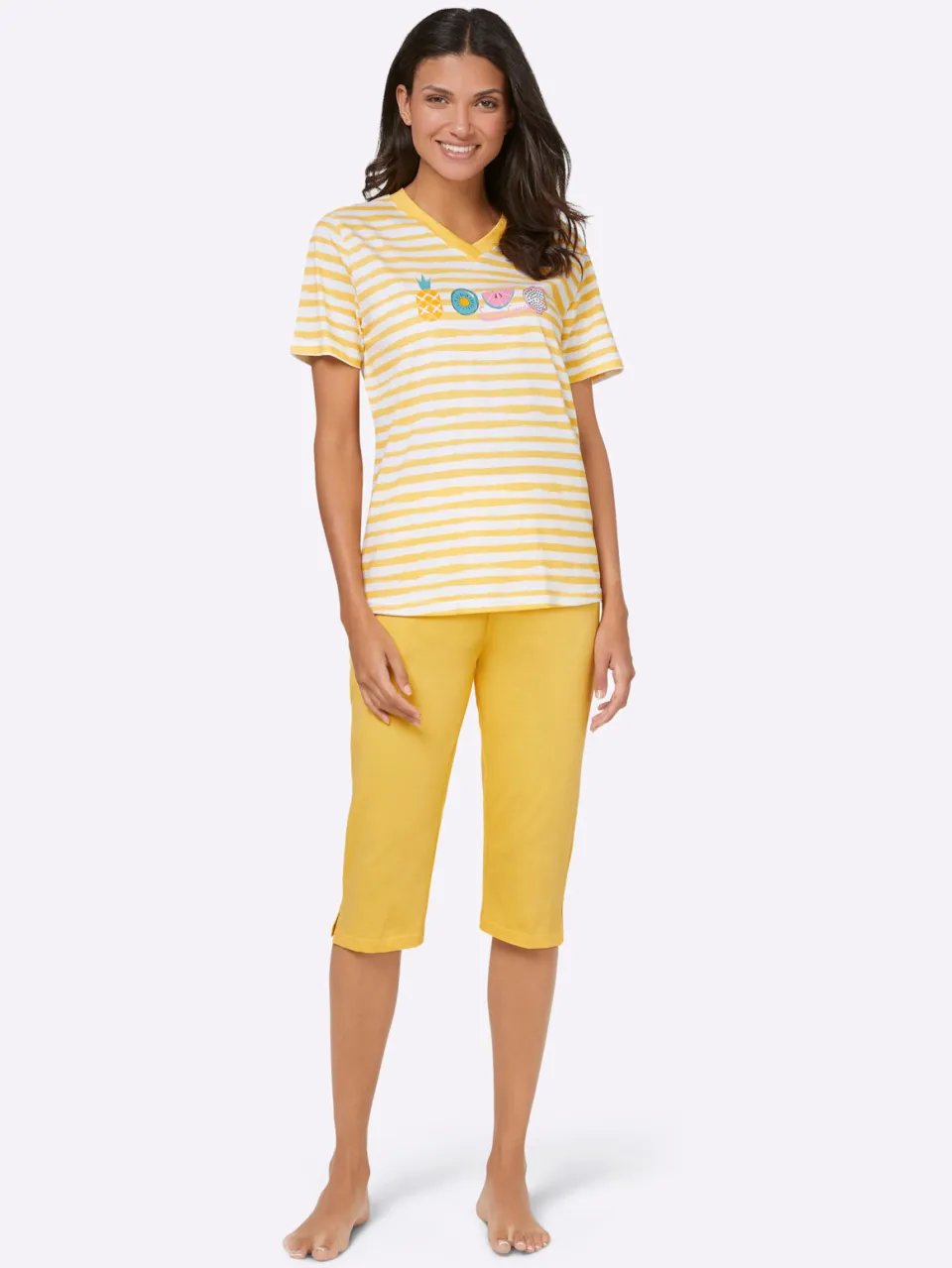 Capri-pyjama's geel + geel gestreept