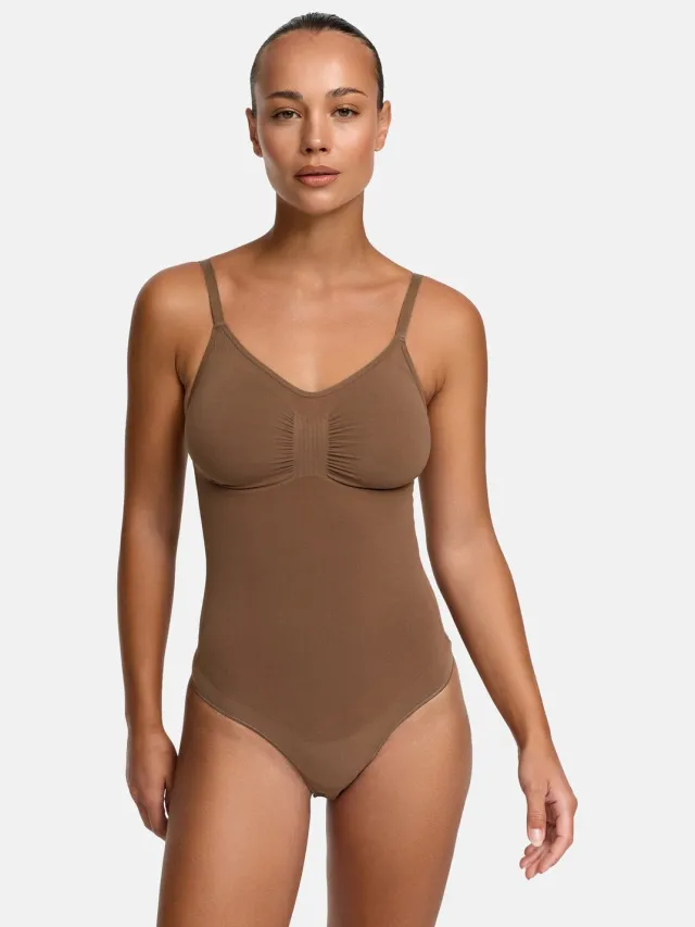 cfab Bodysuit met corrigerende werking en koordjes - Caramel - M - Corrigerende Body - Naadlos - corrigerend ondergoed dames