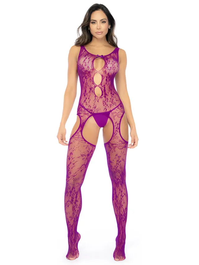 Mapalé Bloemige Visnet Bodystocking - Één Maat - Roze Orchidee