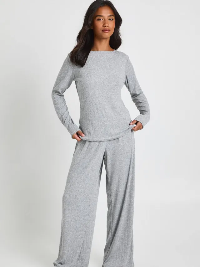 boohoo Dames Petite Pointelle lange mouwen top en pyjamaset met wijde pijpen Grijze Mergel