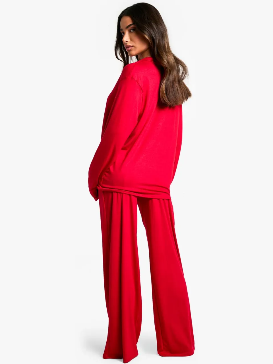 boohoo Dames Petite Pyjama Set met Lange Mouw Shirt & Broek rood, foto 2