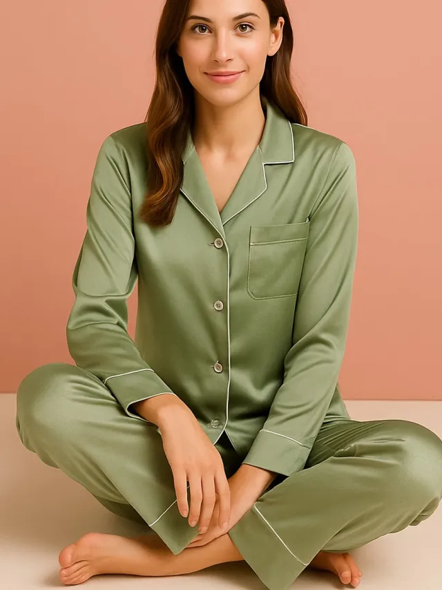 Kimomi Satijnen Pyjama Dames – Luxe Loungewear & Nachtkleding – Homewear Set met Lange Broek – Groen