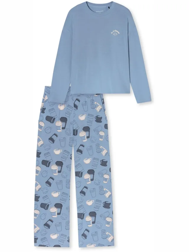 Schiesser dames Casual Fashion lange pyjama - koffiebruin-grijsblauw - grijsblauw dessin