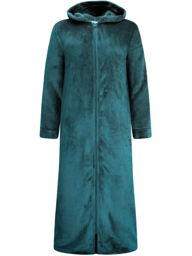 GAUBERT Gaubert Dames Extra Lange Fleece Badjas Met Rits En Capuchon – Teal Groen