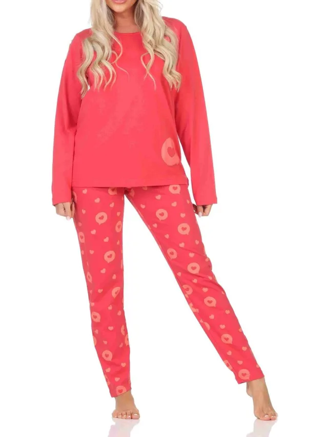 Normann dames pyjama lange mouw in hartjespolkadots look rot