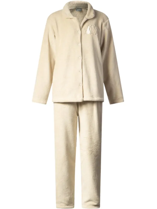 Lunatex warm dames huispak 124267 met doorknoop - zacht loungepak - coral fleece - beige