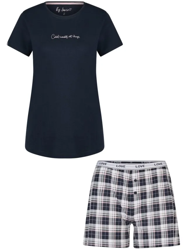 By Louise Dames Korte Pyjama Set Shortama Donkerblauw Effen/Geruit