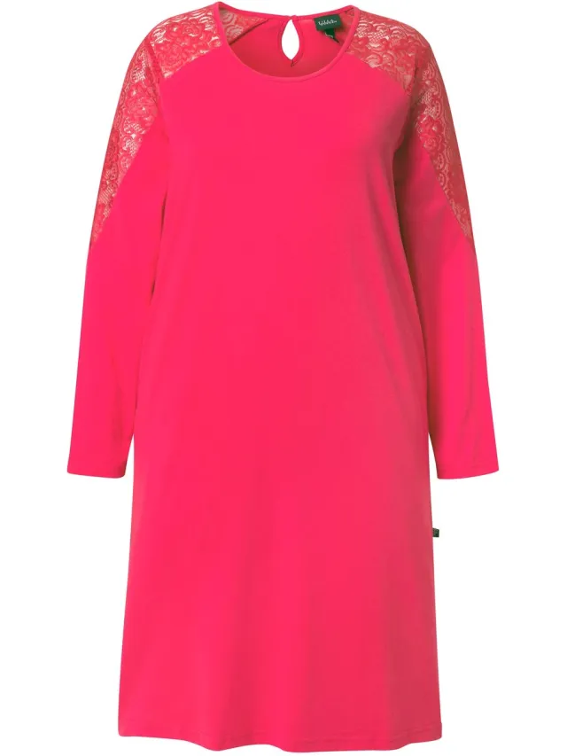 Ulla Popken Dames - Nachthemd kant ronde hals lange mouwen modalmix - Magenta - Maat 62+