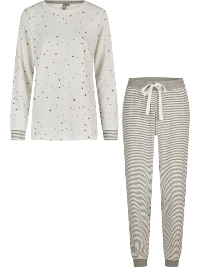 By Louise Dames Winter Pyjama Set Lang Badstof Sterren Wit