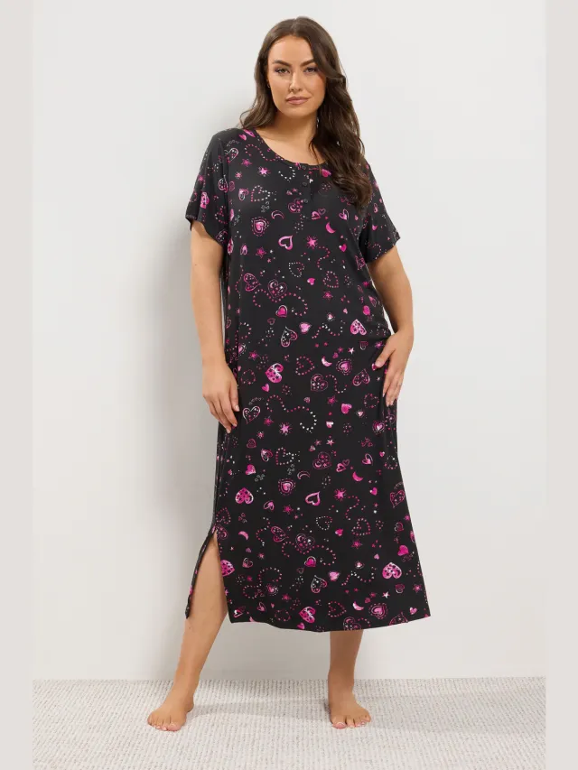 Yours Curve Zacht Zwart Nachthemd Met Hartprint En Knoopsluiting-42 Black