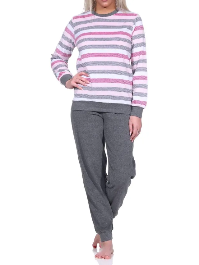 Normann Dames Badstof pyjama met lange mouwen en manchetten in blokstreep-look - ook in overmaten rot