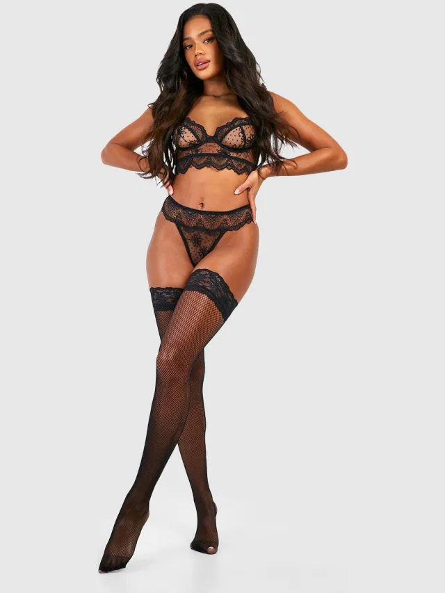 boohoo Dames Panty's met kanten bovenkant en visnet Zwart