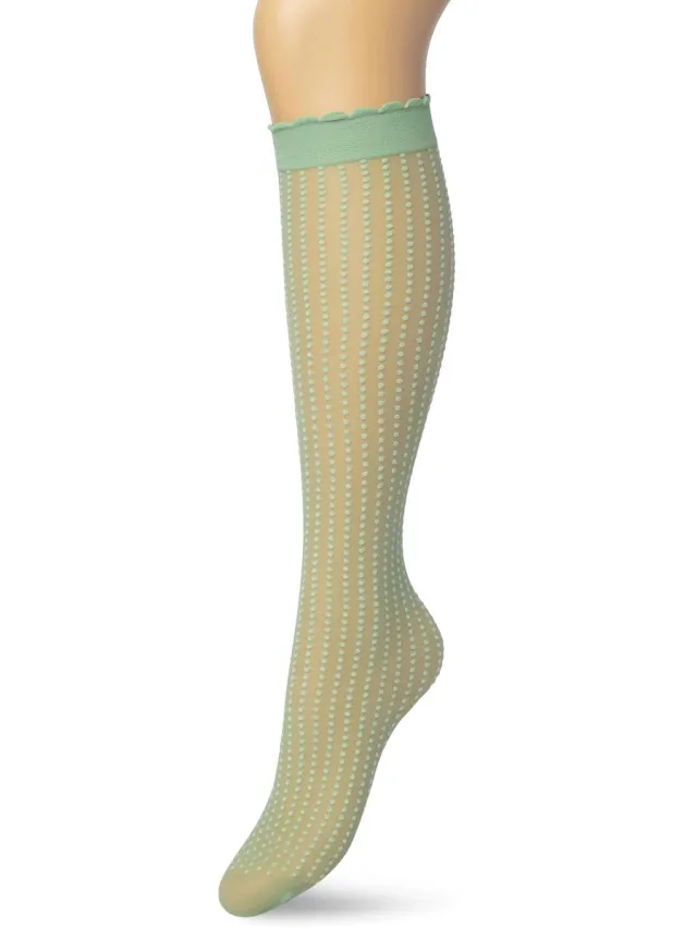 Bonnie Doon Dames Panty Kniekousen met Stippen Groen - Gestipte Knie Kousen - Luxe Knie Sokken - Uitstekend draagcomfort - Batik Dots Knee High - Kniesokken - Stipjes - Zakt niet af - Evening Primrose - BP211501.222