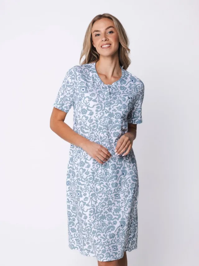 Pastunette Nachthemd - Stone Blue - Organisch Katoen - Blauw/Wit - Knoopsluiting