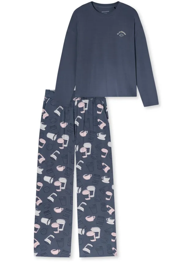 Schiesser dames Casual Fashion lange pyjama - koffiebruin-grijsblauw - blauwgrijs dessin