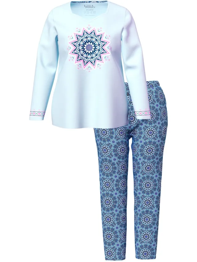 Ulla Popken Dames - Pyjama sneeuwvlokkenmandala hartvormige hals lange mouwen - Ijszeeblauw - Maat 42+