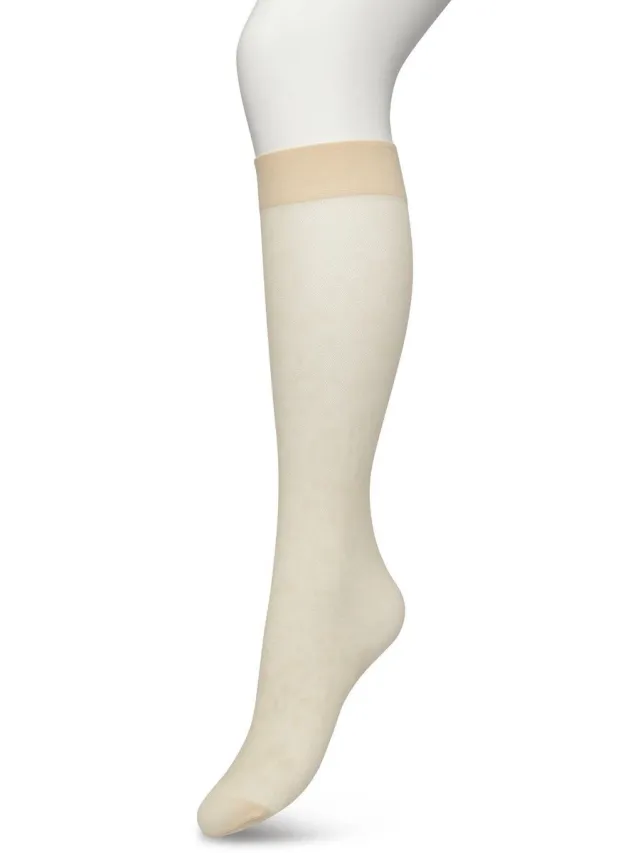 Bonnie Doon Dames Bloemen Panty Kniekousen Crème Wit - Knie Kousen 20 denier - Gebloemd - Bloemen Print - Uitstekend draagcomfort - Fancy Flower Knee High - Kniesokken - Zakt niet af - OEKO-TEX - Ivory - BP221803.250