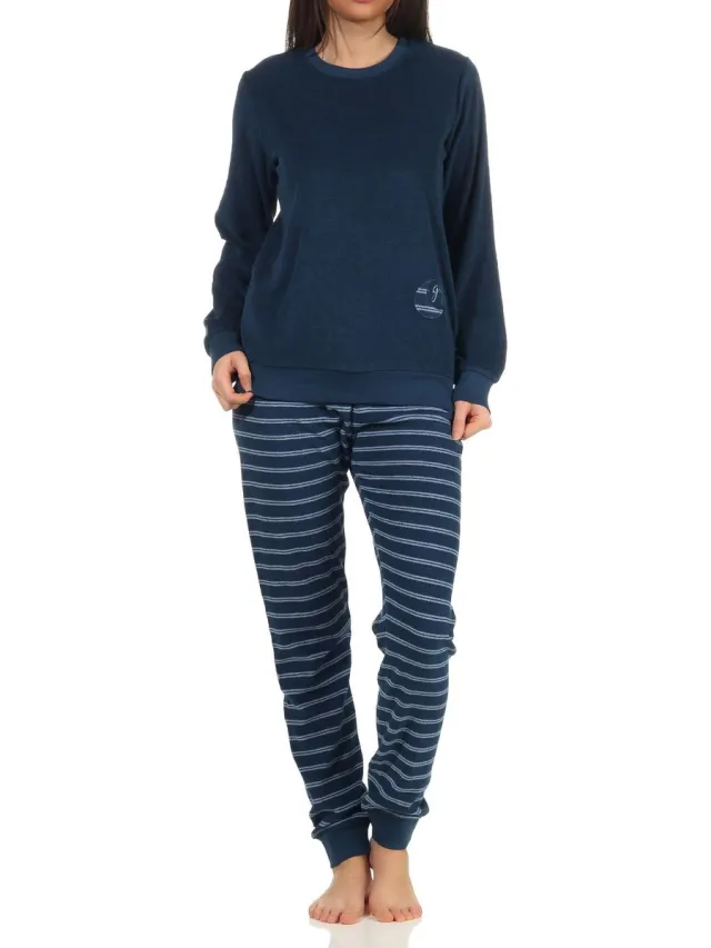 Normann Dames badstof pyjama met manchetten - gestreepte broek, topje met maanaanzet - 212 13 800 marine