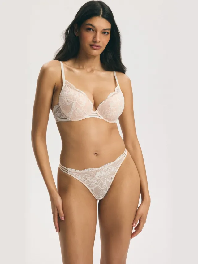 ESOTIQ Frida - Push-upbeha - Lichtroze - Witte bloemenkant - Plungecup Lichtroze;Wit