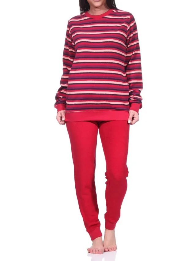 Normann Dames badstof pyjama lang, pyjama met boorden in een geweldige gestreepte look rot