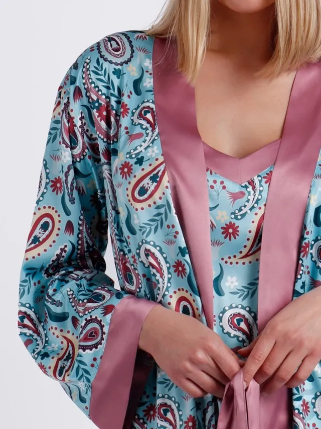 Admas Dames Kamerjas Satijn Aqua Paisley Ochtendjas