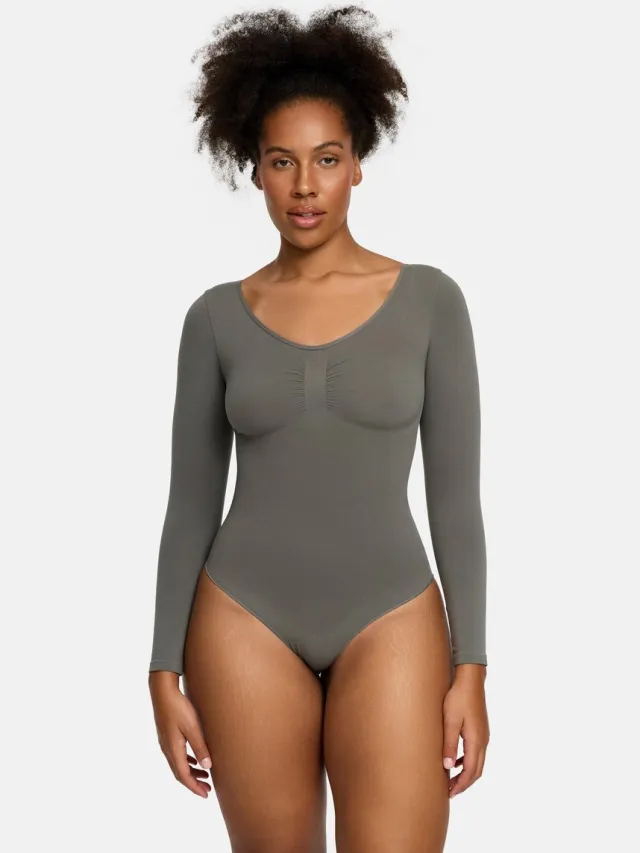 cfab Bodysuit met corrigerende werking, lange mouwen en koord - Grafiet