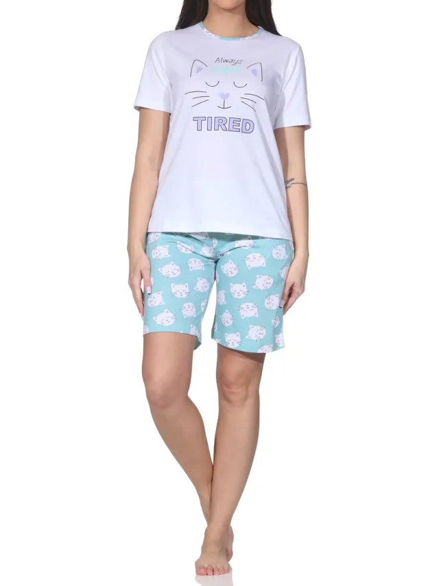Normann dames pyjama shorty met korte mouwen pyjama met kattenmotief türkis