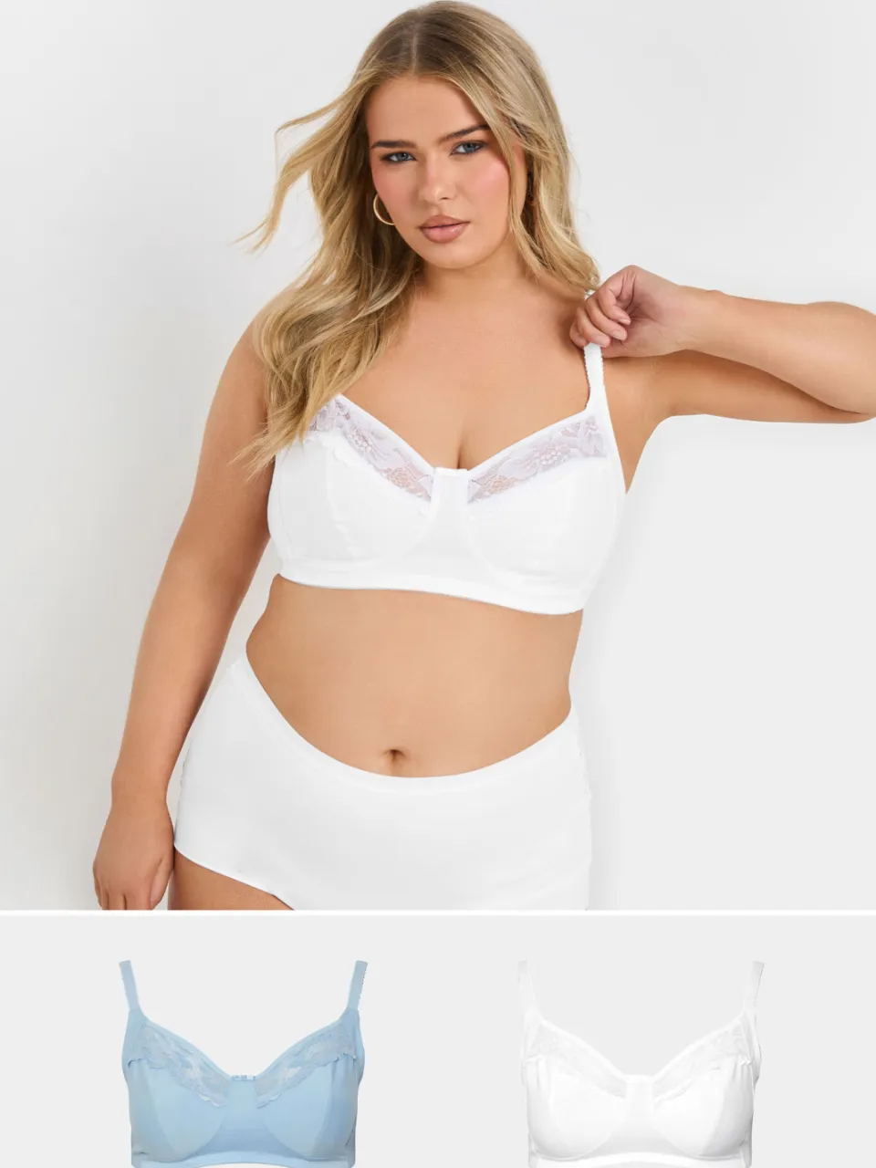 Yours 2 Pack Bralettes Van Katoen Met Kanten Bies In Blauw/Wit Blue