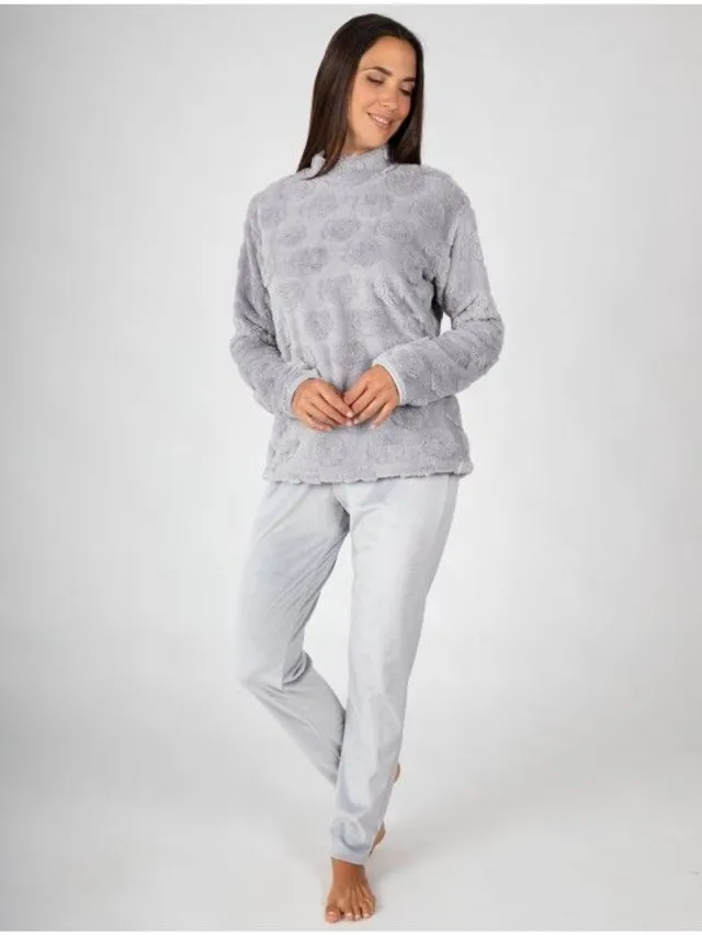 Massana Dames Pyjama P761243 – Warme Fleece Pyjama – Bloemenreliëf – Grijs – 100% Polyester