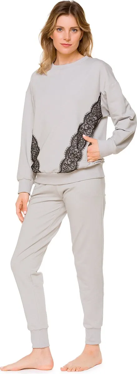 Coemi Dames Huispak Grijs-Sweater & Joggingbroek-Katoenmix-Kanten Details