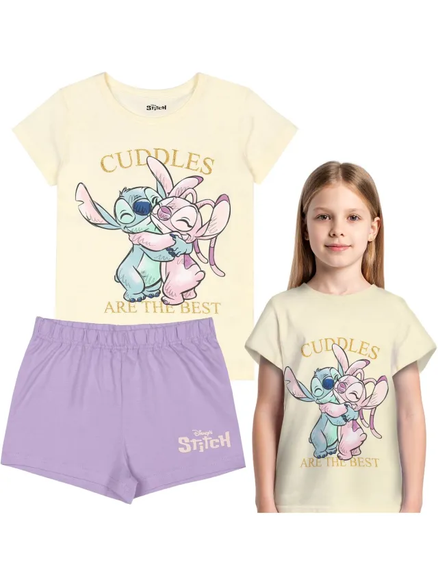 Disney Stitch Angel KATOENEN meisjespyjama met korte mouwen, VOOR DE ZOMER tweedelig, 100% KATOEN, OEKO-TEX Paars