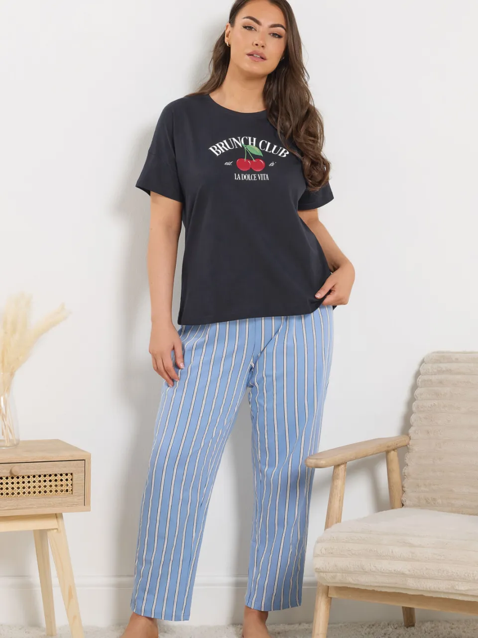 Yours Blauwe Gestreepte Pyjamabroek Met Wijde Pijpen-48 Blue