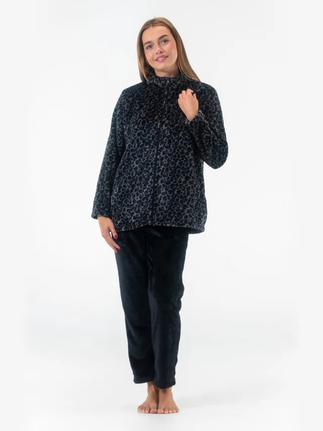GAUBERT Dames Fleece Huispak en Pyjama met Rits - Ochtendjas - Panterprint - Superzacht Fleece - 2330 Zwart Met Rits, Panterprint, Zwart