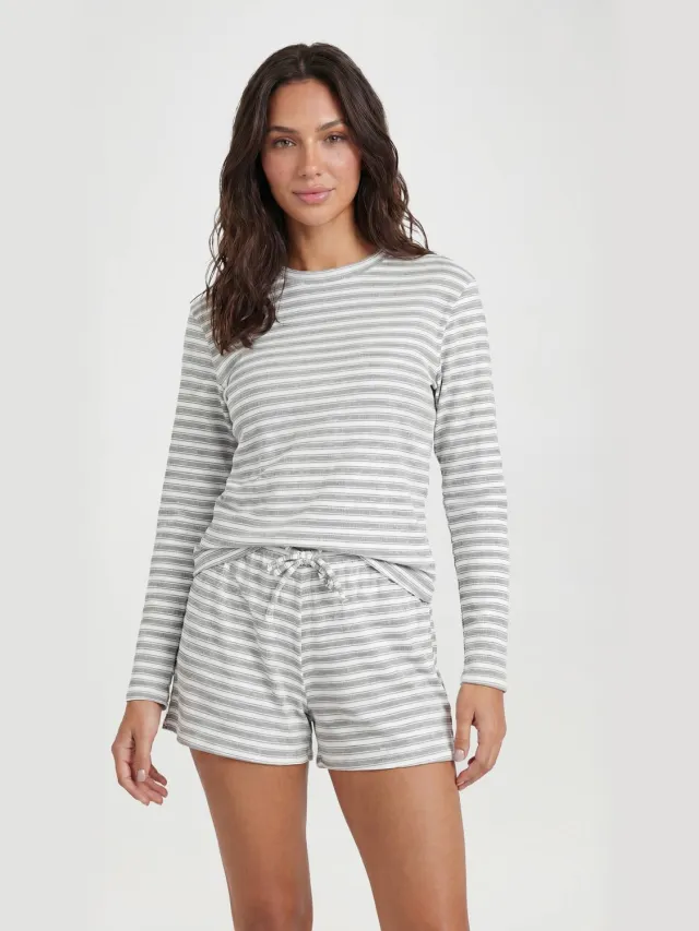 boohoo Dames Geribde Gestreepte Pyjama Set Met Lange Top & Korte Broek Grijs