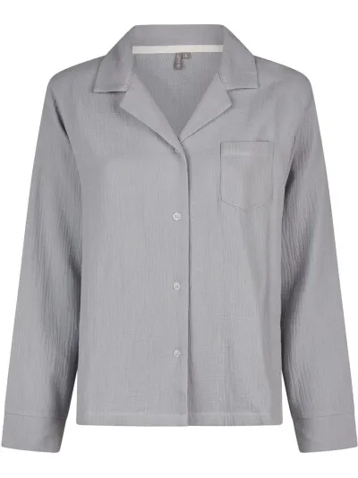 By Louise Dames pyjama set lang mousseline met knoopjes grijs/blauw, foto 2