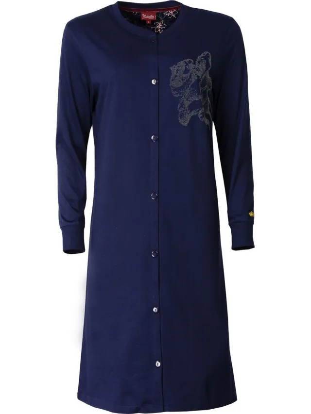 Medaillon Dames Nachthemd - Doorknoop - 100% Katoen - Blauw