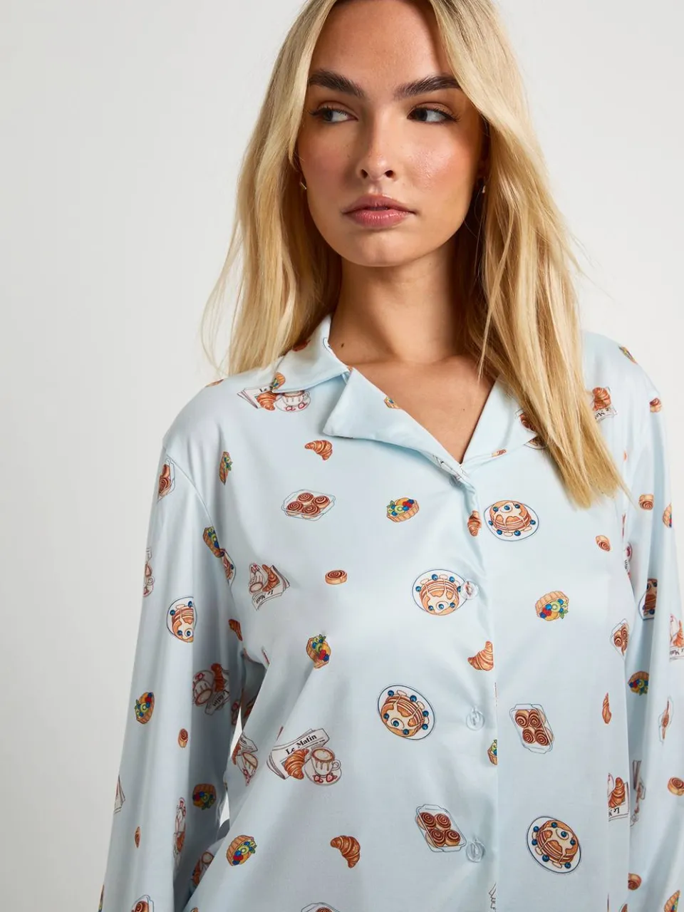 boohoo Dames Ontbijtdruk Langarmig Overhemd en Broek Pyjamaset blauw, foto 3