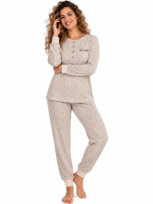 Cocodream Quality Cocodream - Dames pyjama - Katoen interlock - Beige Gestipt