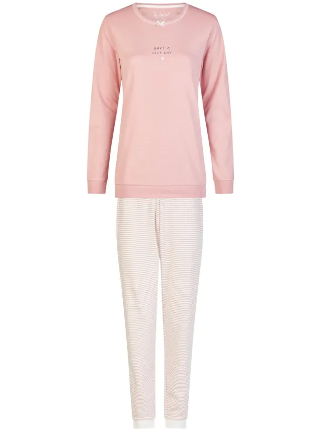 By Louise Dames Winter Pyjama Set Lang Interlock Roze/Wit Gestreept