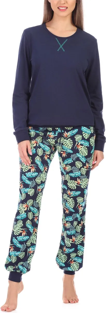 Merry Style MS-MS10-168-PJ Dames Pyjama - ronde hals - lange mouwen - lange broek met zakken - Katoen - Marineblauwe/Blaadjes